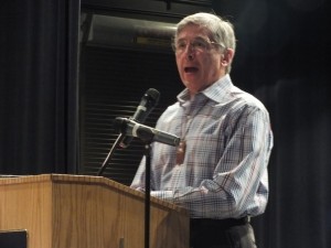 Byron Mallott poses at KRBD-FM in Ketchikan during a campaign visit. The candidate for governor says he will leave Sealaskas board of directors next month. (KRBD News)