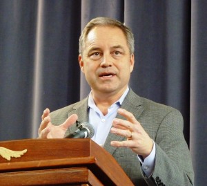 Gov. Sean Parnell talks about Southeast issues during the Southeast Conference's Mid-Session Summit Jan. 12, 2014. He wants the gas line's benefits to be shared with coastal communities. (Ed Schoenfeld/CoastAlaska News