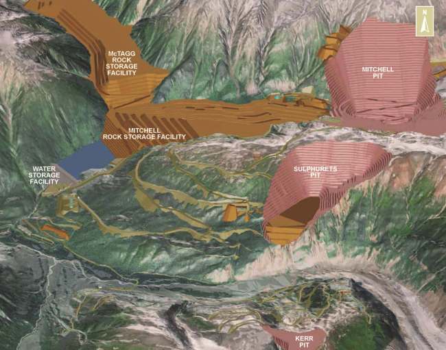 The KSM project's mine site layout during the operation phase, from its environmental assessment certificate application. (Image courtesy Seabridge Gold)