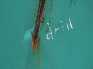 Markings from the restoration of Nimbus which is still in progress. (Photo by Matt Miller/KTOO)