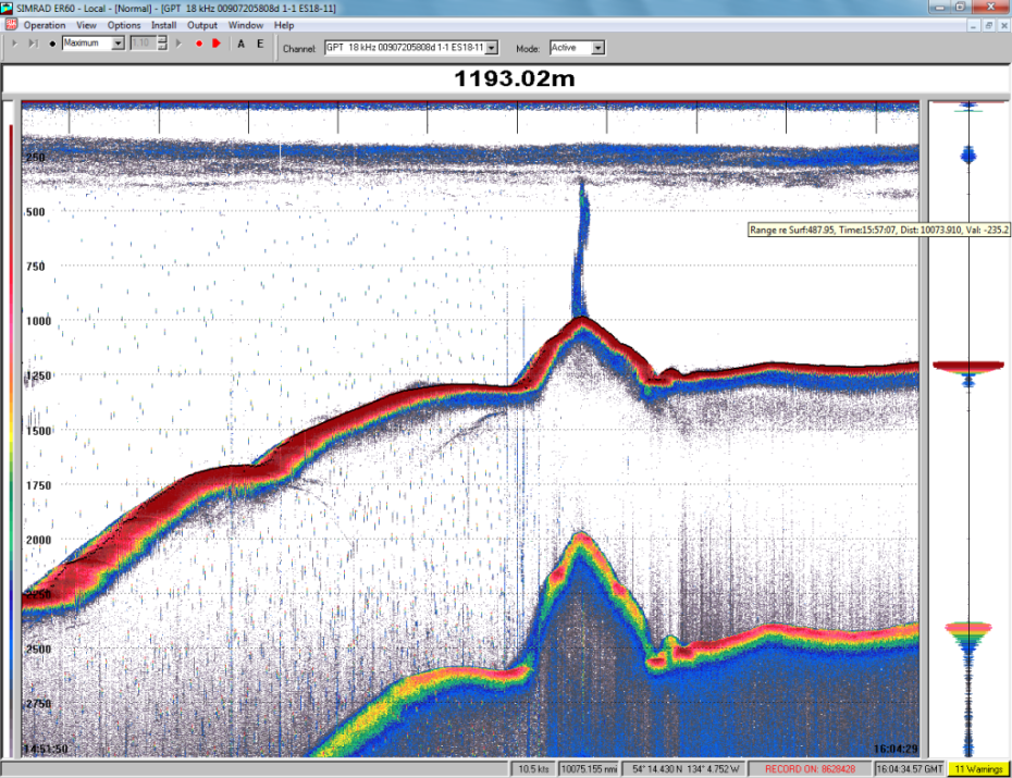 A screen shot from a scientific sounding device shows the newly-discovered volcano and its plume of methane gas. The lower line is an echo, not another volcanic cone. (Photo courtesy Canadian Geological Survey)